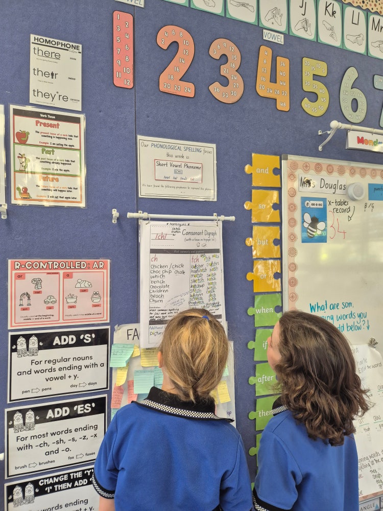 Image of two students reviewing posters on a classroom wall.